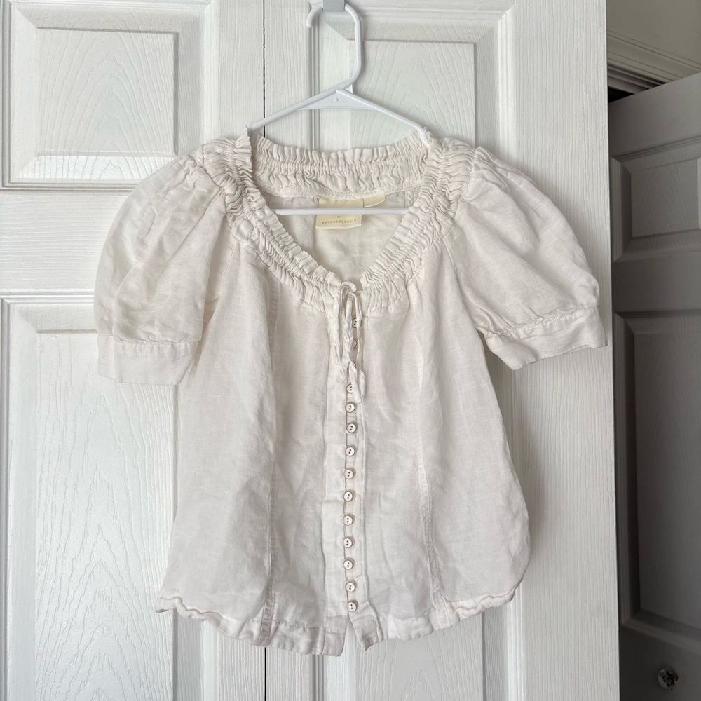 Maeve by Anthropologie Winifred White Linen Blend Puff Sleeve Blouse. Size 2.